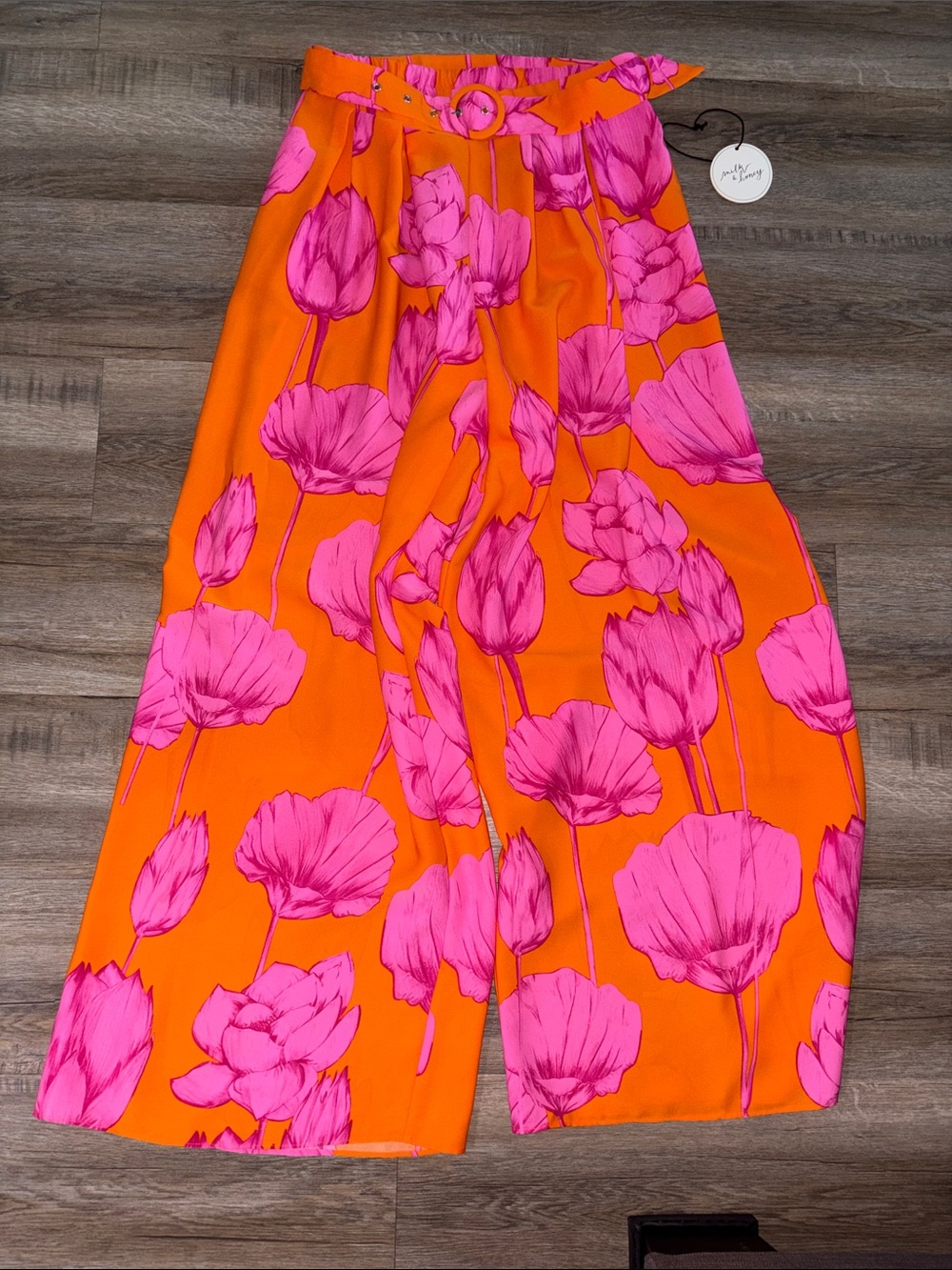 Bright Orange Wide-Leg Pants with Hot Pink Floral Print